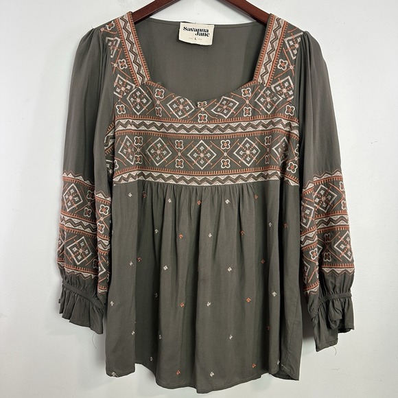 Savanna Jane Tops - Savanna Jane Floral Embroidered 3/4 Sleeve Square Neck Top Size L Boho Peasant